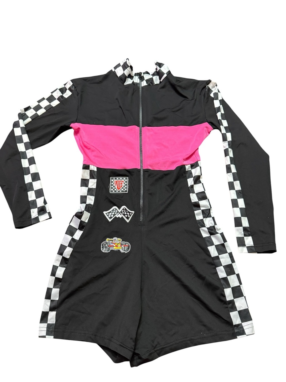 Checkerboard Racing Romper with Hot Pink Panel